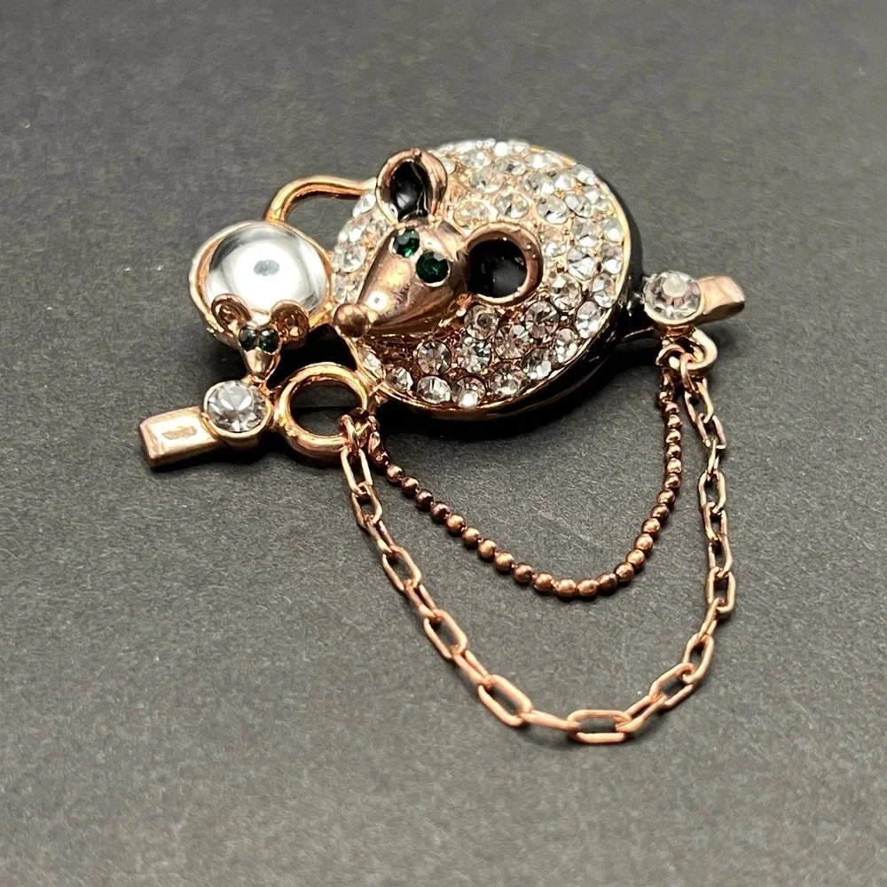 Rhinestone Mouse with Baby Brooch Rose Gold Clear Black Enamel Green Eyes Pin